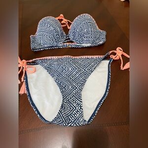 Ninetysis  Degrees Blue and White Patterned Bikini with Pink , peach Accents L